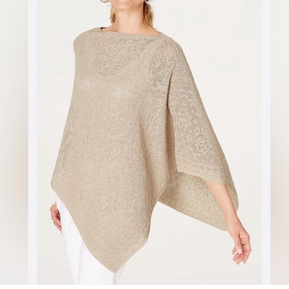 J. Jill Cream Cotton Linen Blend Crochet Asymmetrical Hem Poncho Sweater